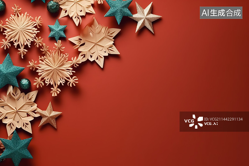 【AI数字艺术】正上方红色背景的圣诞装饰品图片素材