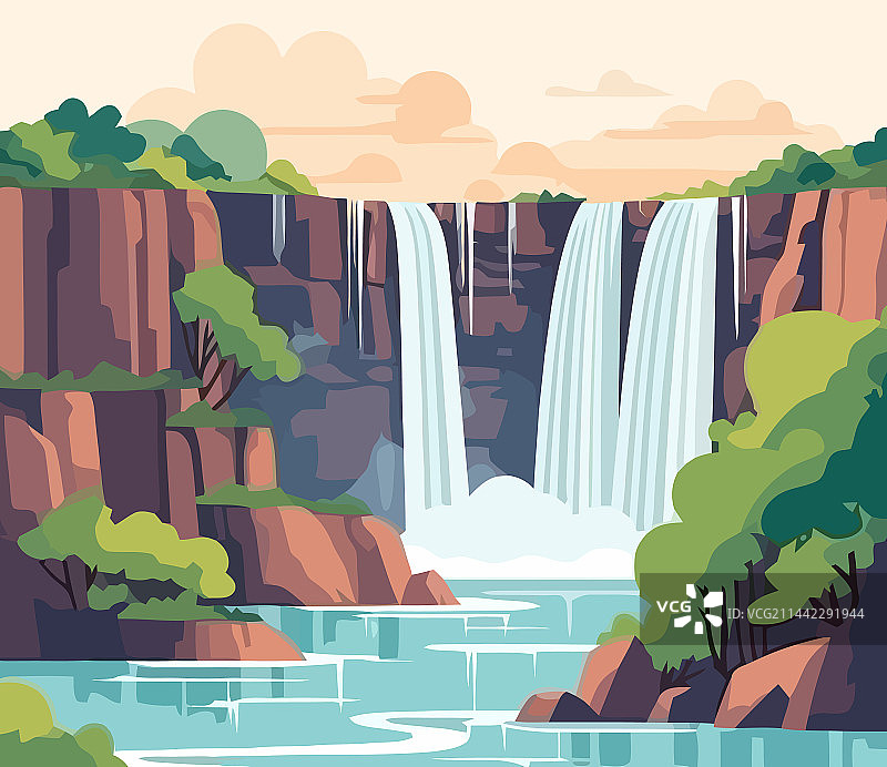 日落时分的山地瀑布峡谷图片素材