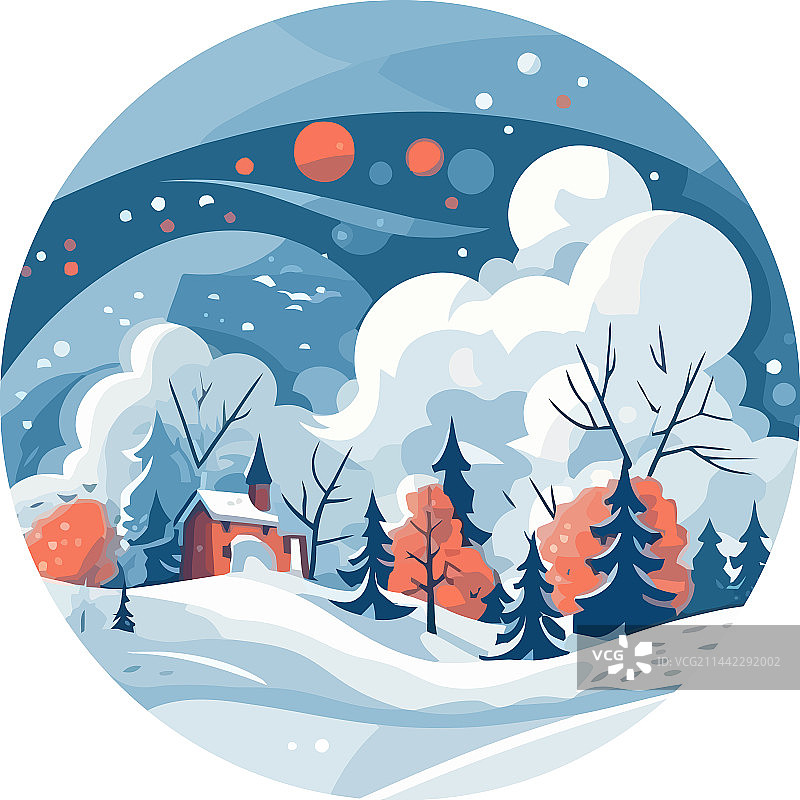 小屋与树木的冬日雪景图片素材