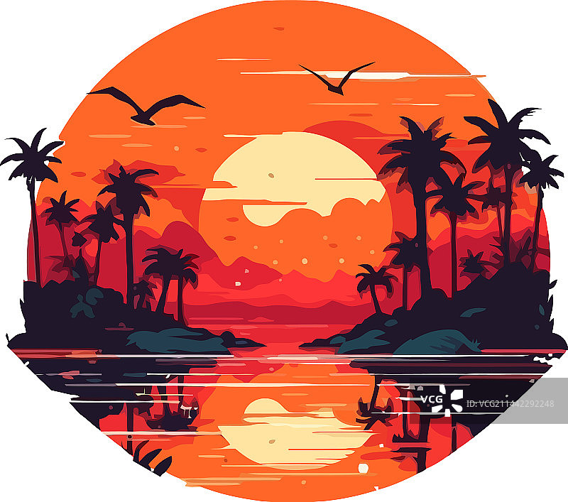 橙色日落下的棕榈树剪影图片素材