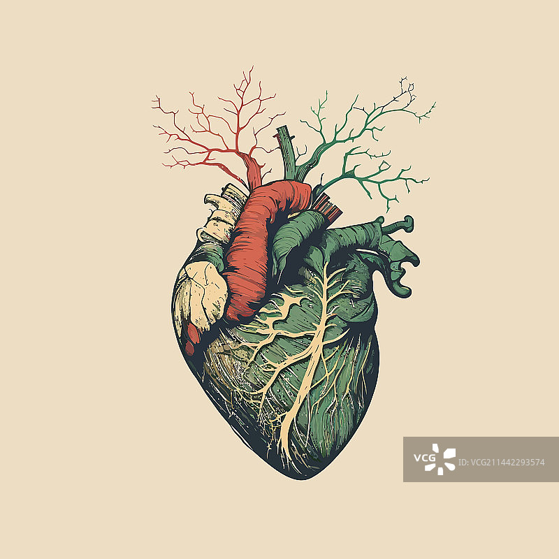 复古风格的人类心脏静脉和动脉图片素材