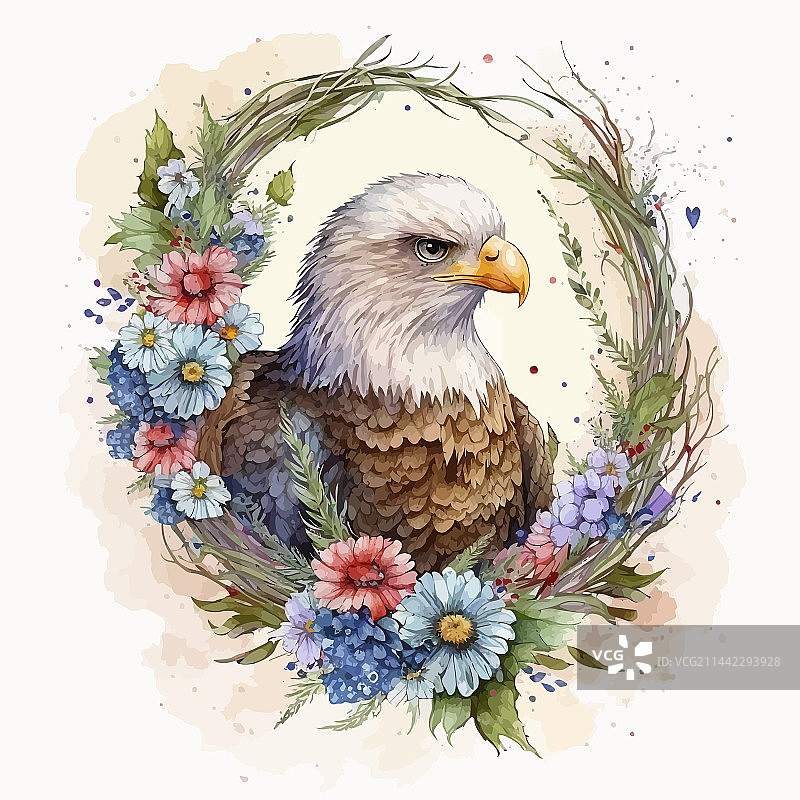 带鲜花的老鹰水彩画图片素材