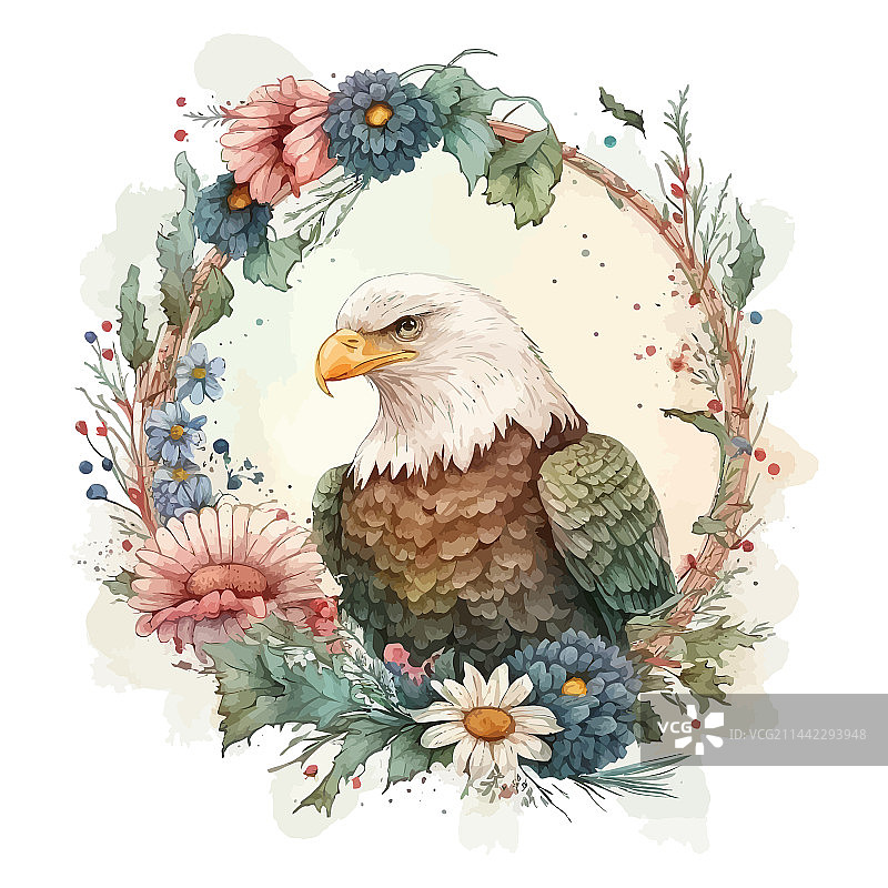 带鲜花的老鹰水彩画图片素材