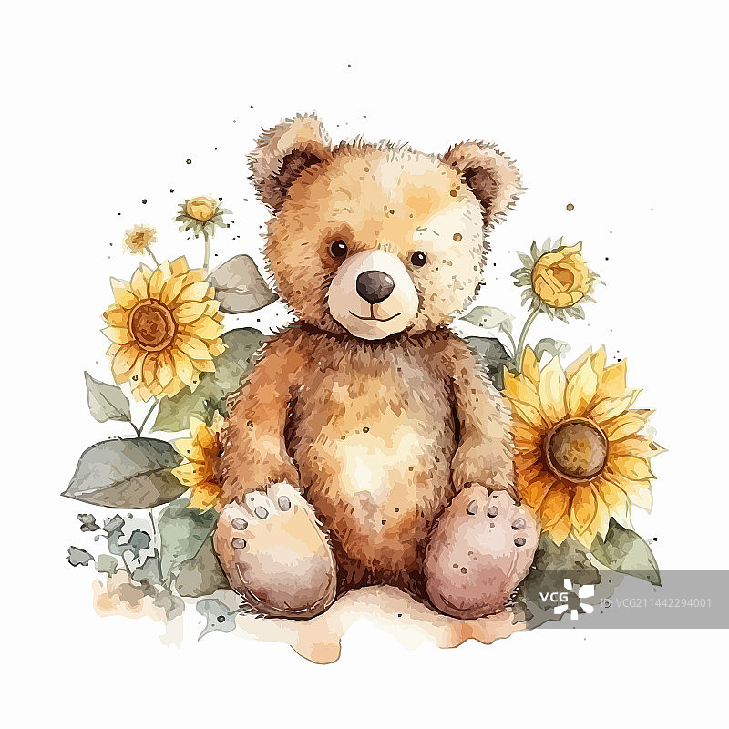 水彩泰迪熊鲜花绘画图片素材