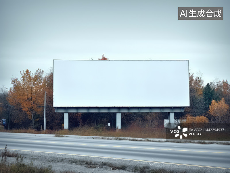 【AI数字艺术】街道的大型广告牌上留白的空广告位。空白大广告牌白色LED屏横在城市人行道侧道路交通展示广告图片素材