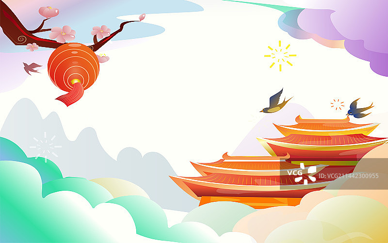中国风卡通山水天宫飞鸟清明节气图图片素材