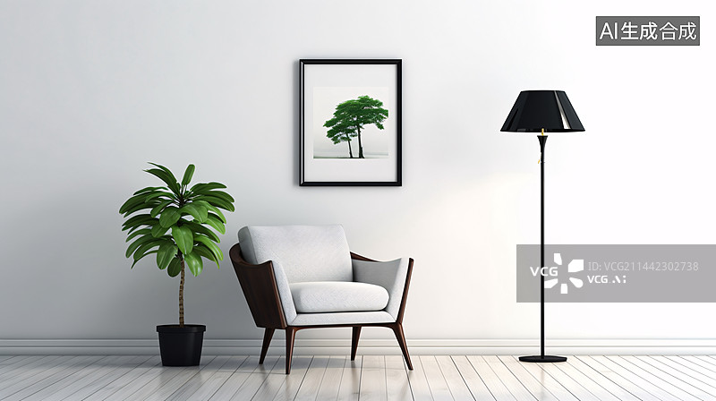 【AI数字艺术】白色墙壁上的银色框架模型,现代客厅内饰搭配沙发和绿植,图片素材