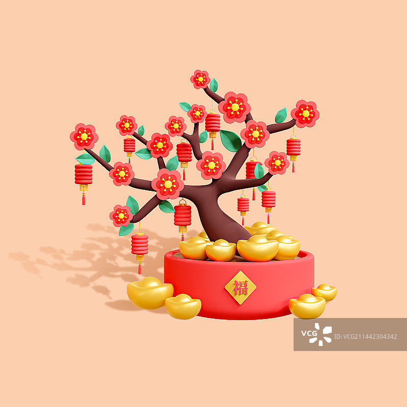 3D立体春节梅花发财树插画图片素材