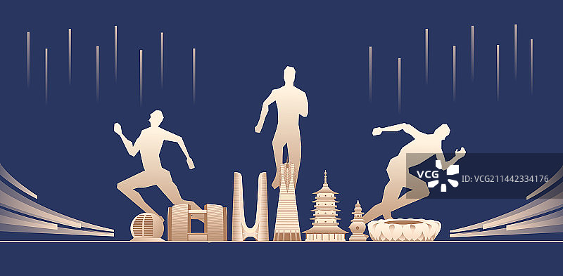 蓝金杭州亚运会田径矢量插画，杭州城市天际线矢量地标建筑插画，杭州亚运会，浙江杭州周年庆典高端插画图片素材