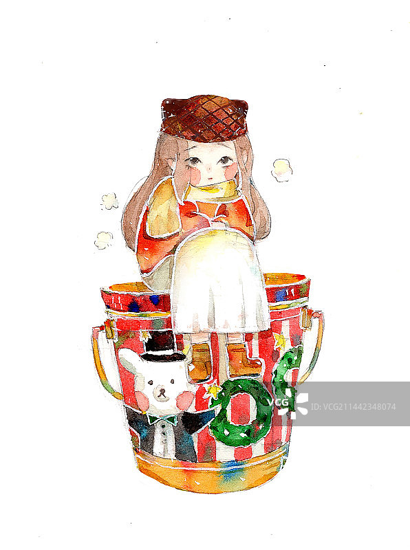 戴帽子小女孩坐在点心桶上图片素材