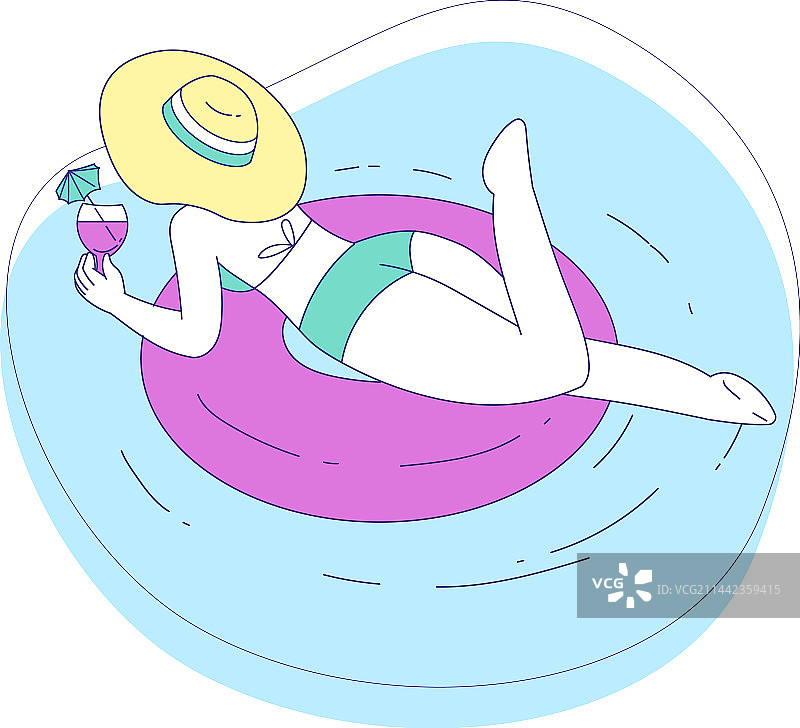 在沙滩上漂浮晒日光浴的卡通女人图片素材