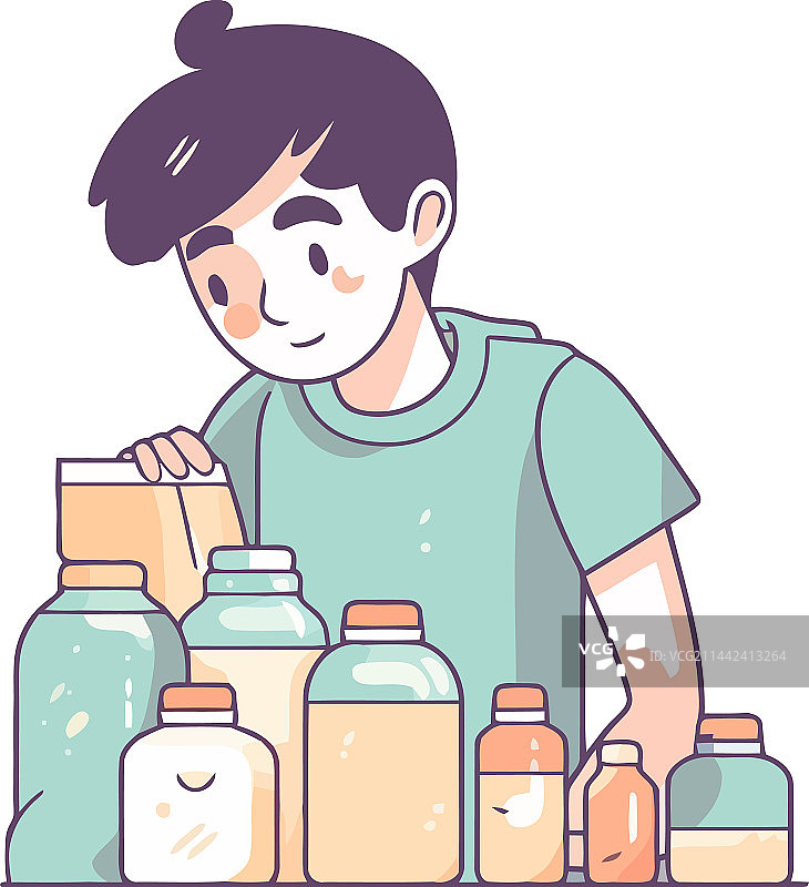 拿着不同瓶子的男孩图片素材