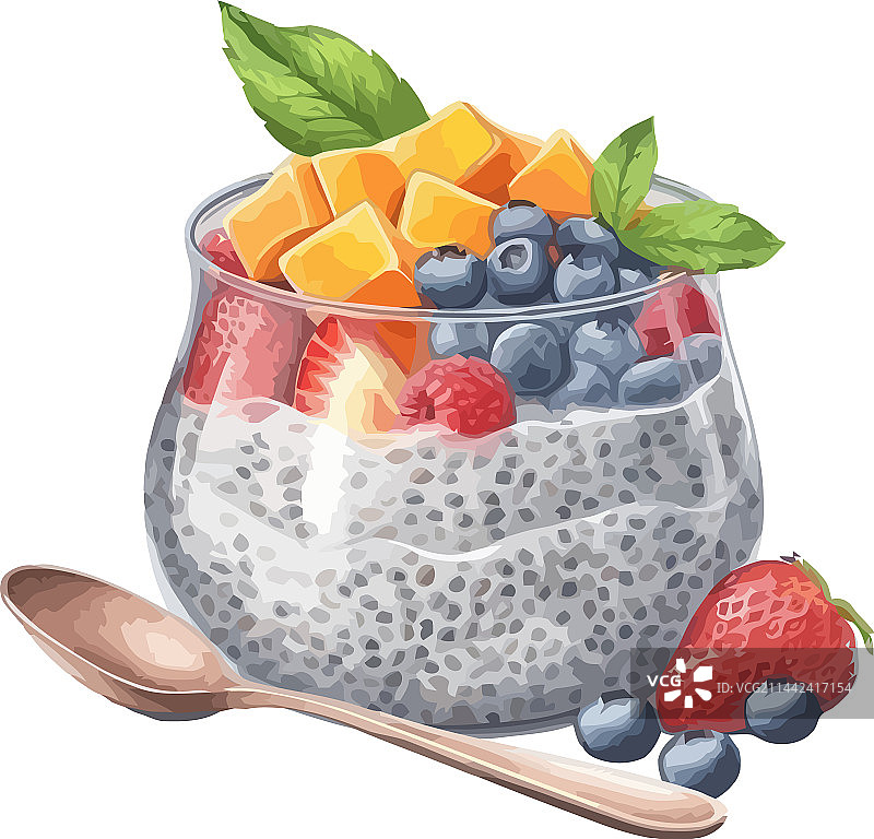 搭配新鲜浆果和格兰诺拉麦片的美味圣代图片素材