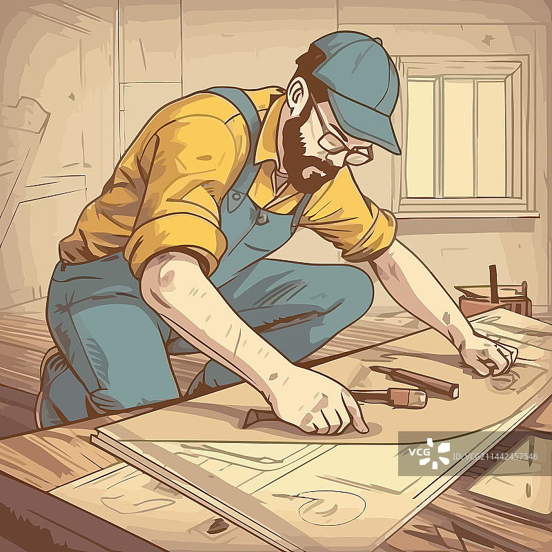 木匠坐着绘制施工图图片素材