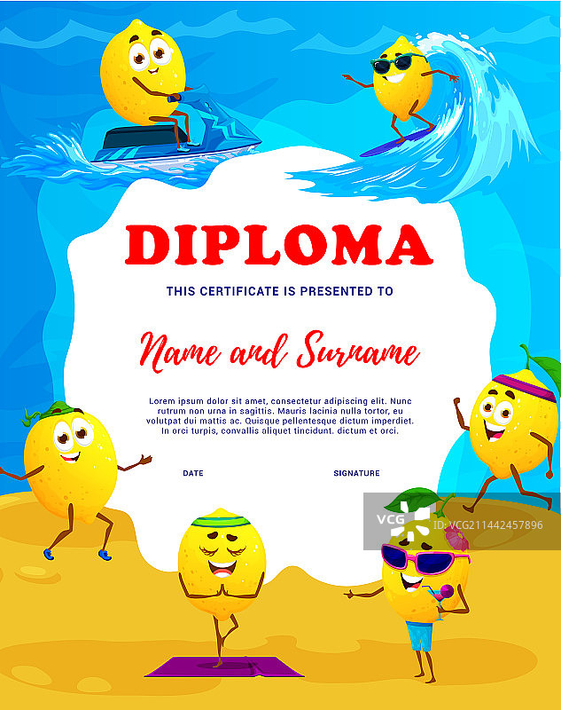 海滩度假柠檬卡通儿童文凭图片素材
