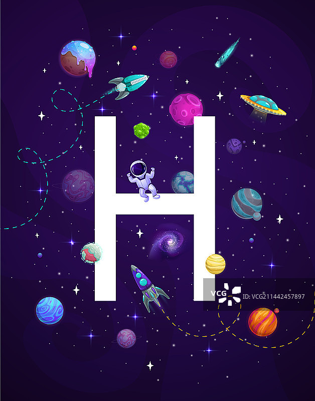 卡通太空字母H外星星系行星图片素材