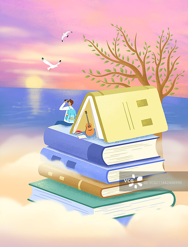 男孩看海插画图片素材