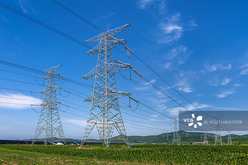 辽宁大连-国家电网-乡村田野高压输电线路图片素材