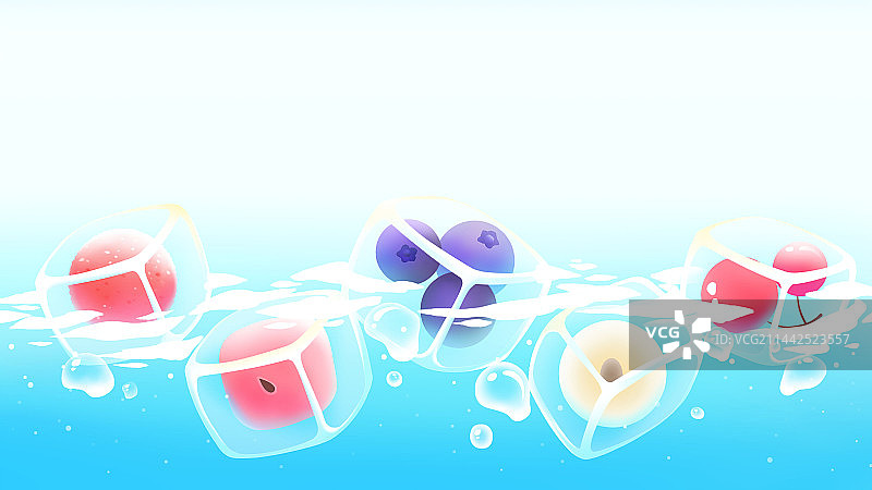 水面漂浮着冰封的水果，蓝色唯美清新夏季节气插画图片素材