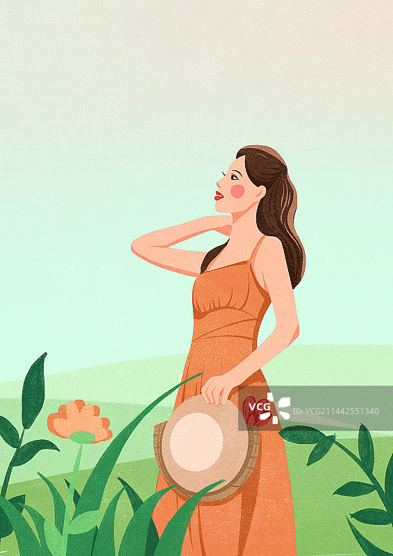 女孩与植物风景清新文艺插画图片素材