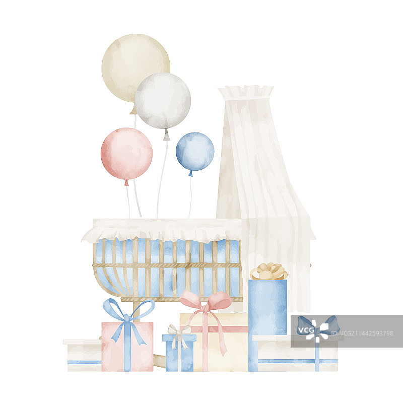 带气球和礼物的婴儿摇篮图片素材