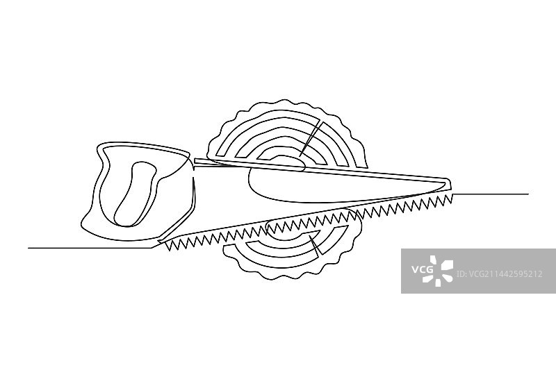 连续单线画：手锯和木材切割图片素材