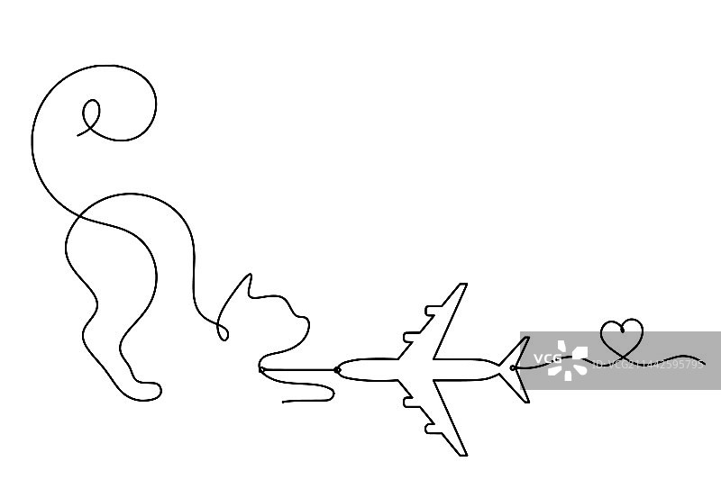 线条抽象猫与飞机剪影图片素材