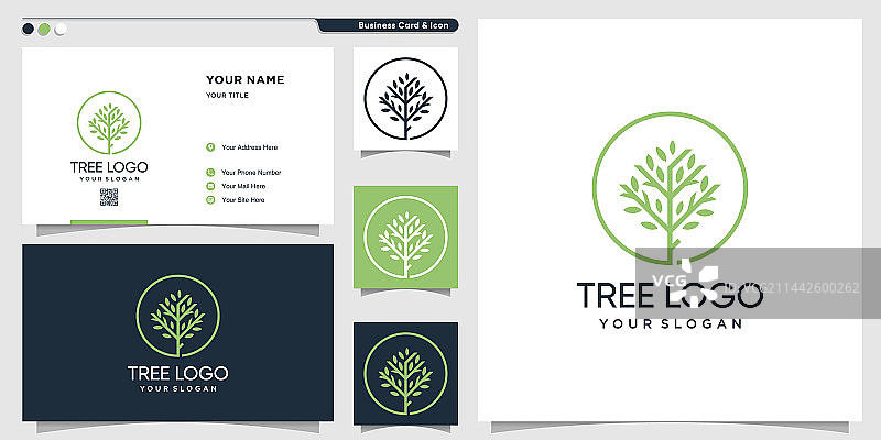 线条艺术风格的树木Logo和名片图片素材