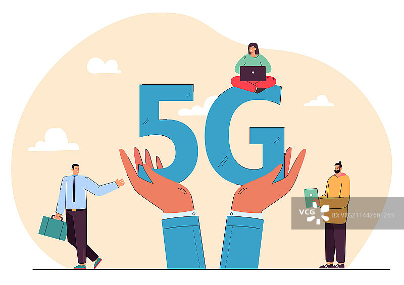 使用设备的人与握着5G信号的巨手图片素材