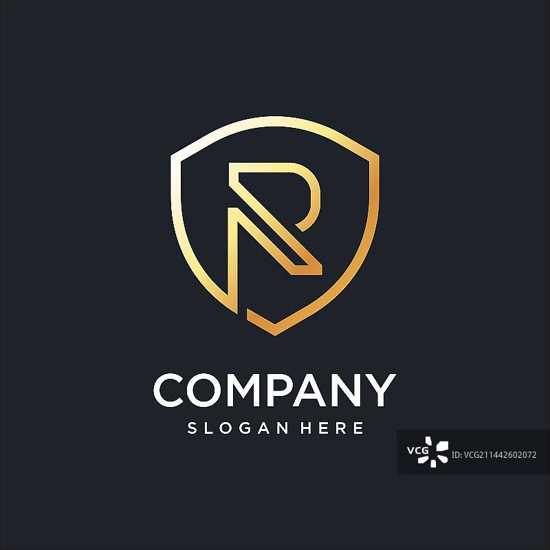 金色盾牌R标logo设计，R2奢华概念图片素材