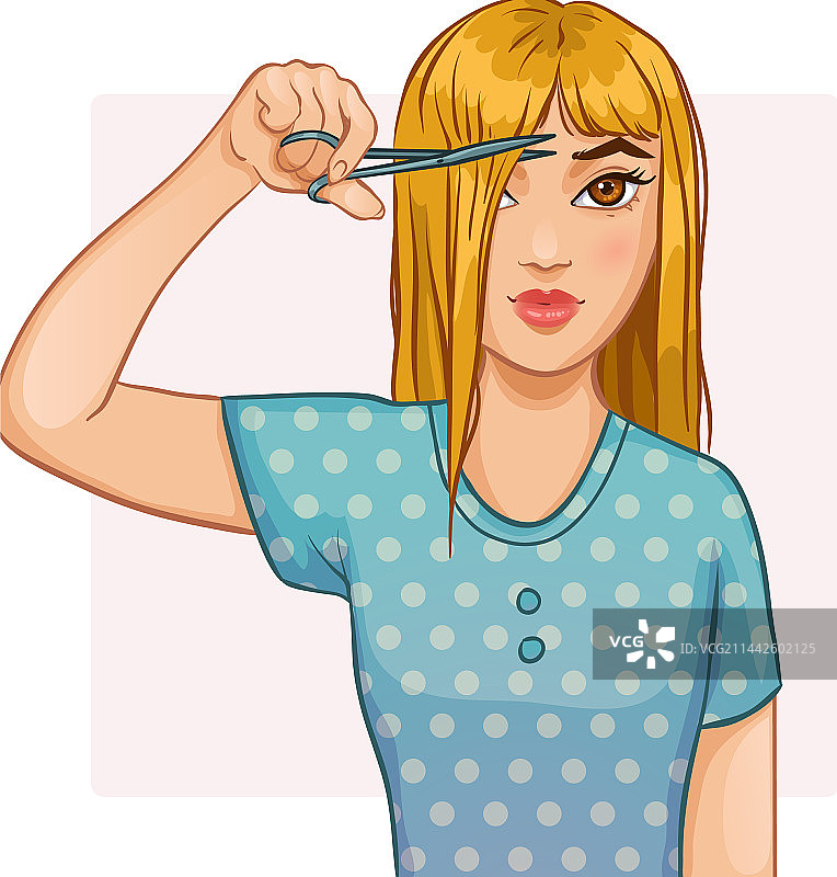 年轻美丽金发女人剪刘海图片素材