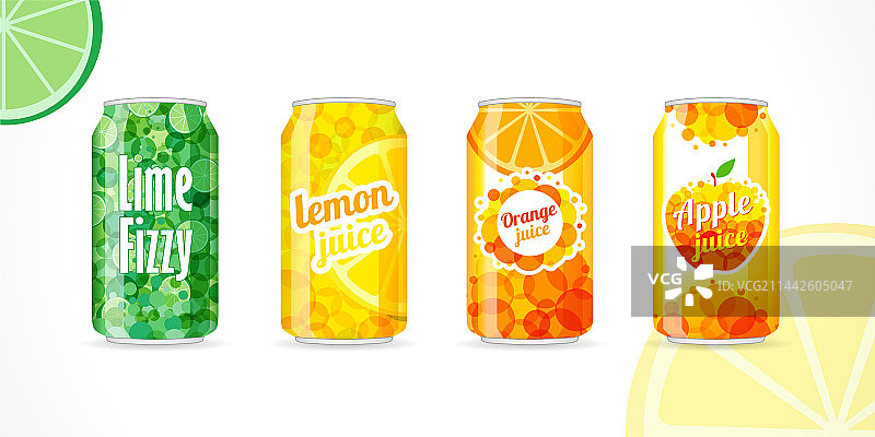 带有橙子、柠檬和苹果标签的苏打罐图片素材