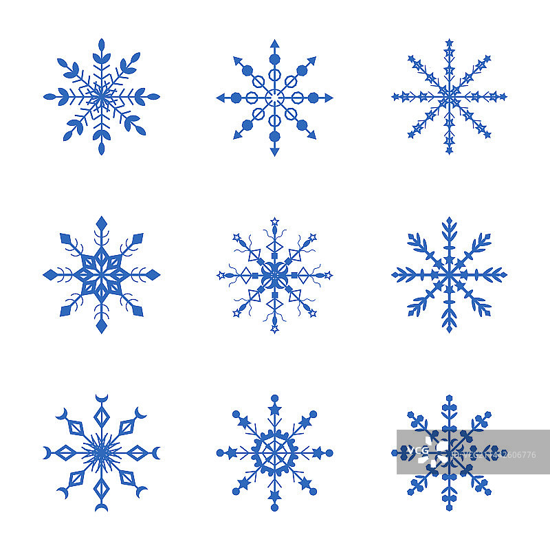 白色背景上的蓝色卷曲雪花组合图片素材