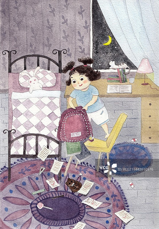 手绘水彩插画写作业的小学生图片素材