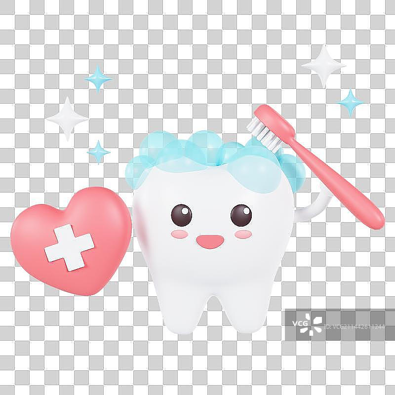 3D手拿爱心刷牙的牙齿图片素材
