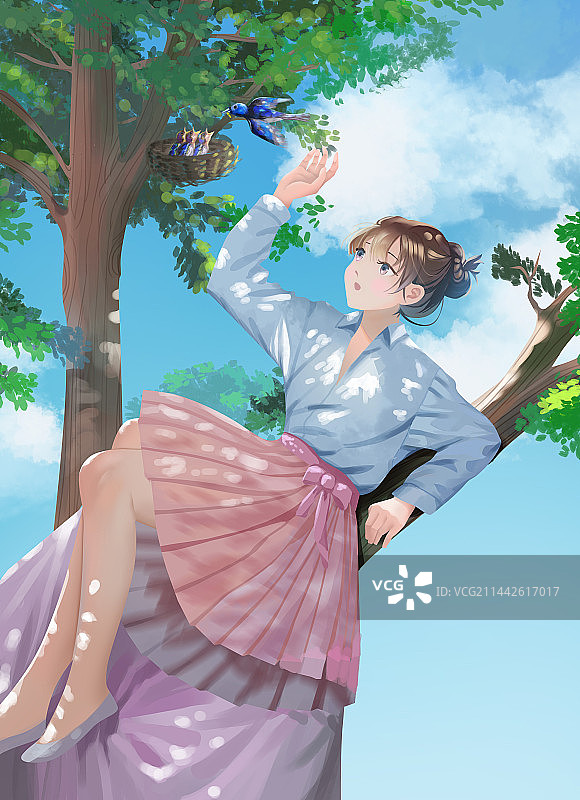 夏小暑节气女孩坐树上看大鸟给雏鸟喂食插画图片素材