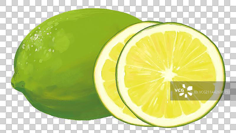 一颗完整的青柠檬来檬和两片切片的青柠檬片图片素材