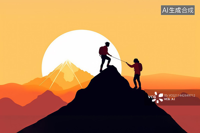 【AI数字艺术】爬山徒步旅行，欣赏美丽的日出风景图片素材