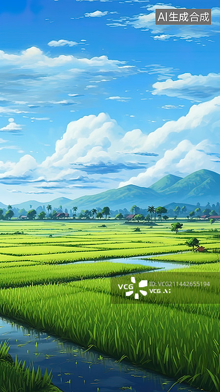 【AI数字艺术】水彩风格稻田水稻风景插画竖图图片素材