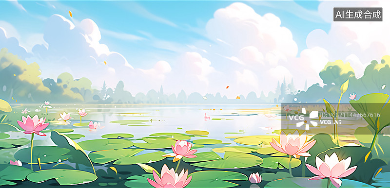 【AI数字艺术】夏季夏天夏日荷花荷叶荷塘卡通小清新风景立夏节气插画图片素材