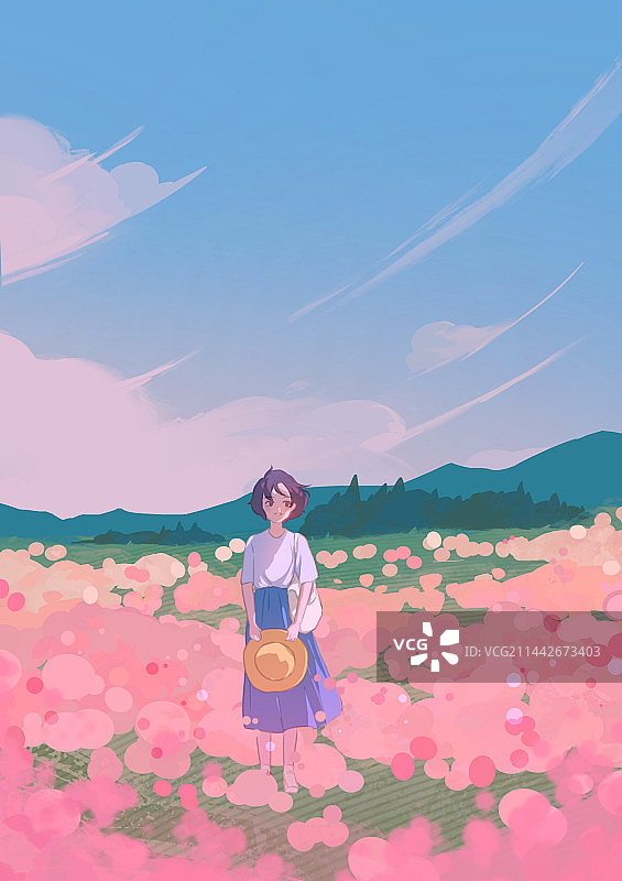 站在鲜花丛中的少女图片素材