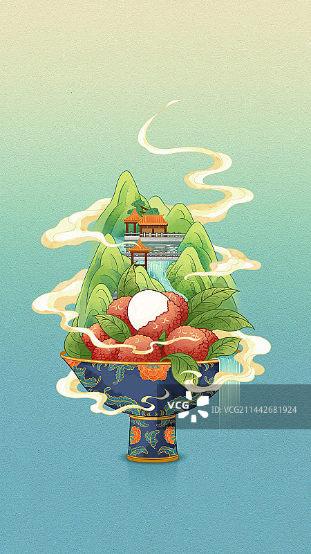 荔枝国潮夏天节气插画夏至小暑大暑图片素材
