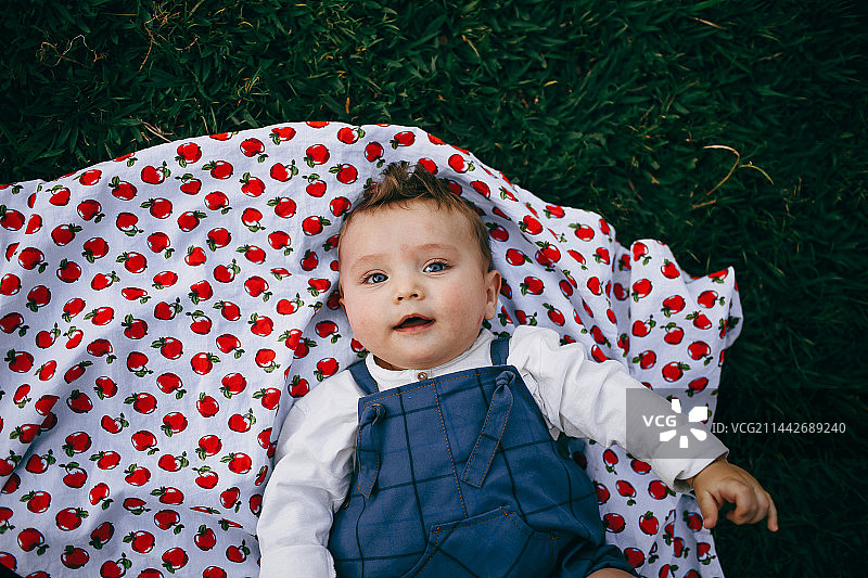 坐在公园野餐毯上的可爱男婴，巴西米纳斯吉拉斯州贝洛奥里藏特图片素材