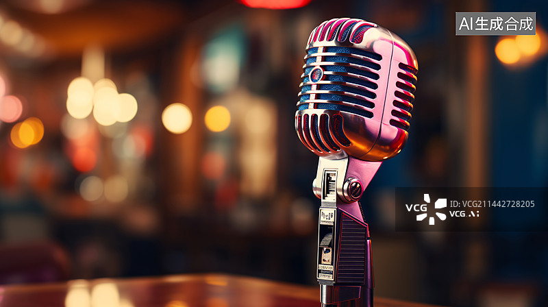 【AI数字艺术】蓝色背景的麦克风。柔和聚焦，舞台和复古麦克风,图片素材