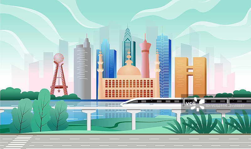 中国新疆乌鲁木齐市商务科技城市彩色插画图片素材