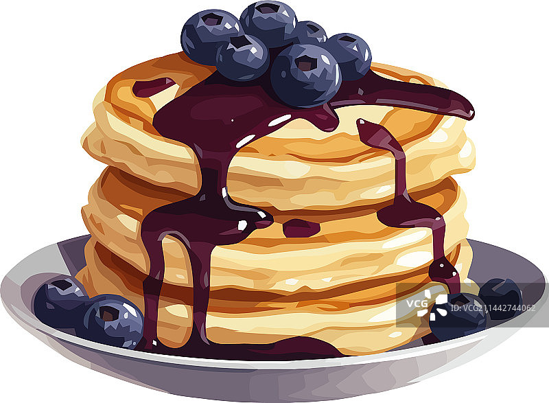 淋有蜂蜜糖浆的蓝莓煎饼堆叠图片素材