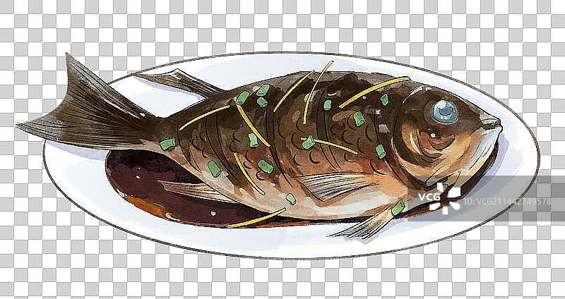 西湖醋鱼美食手绘风格插画元素图片素材