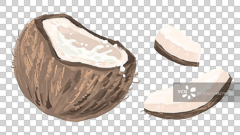 一颗切开的椰子有椰汁和两片椰子片图片素材