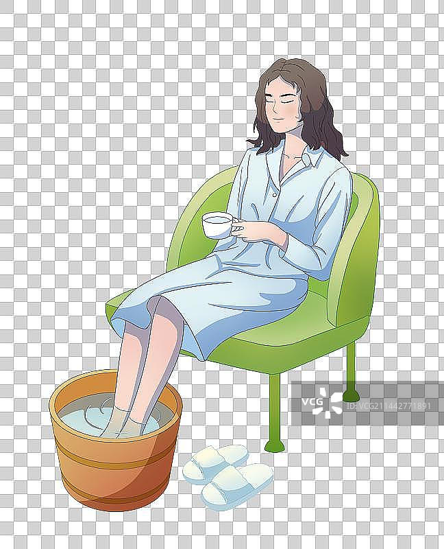 坐在沙发上泡脚养生的女生插画图片素材