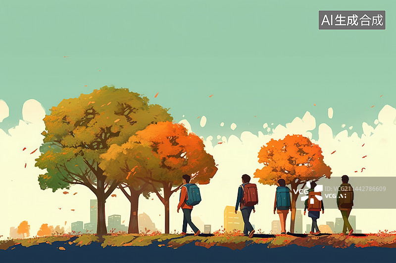 【AI数字艺术】一群学生背着书包去上学图片素材